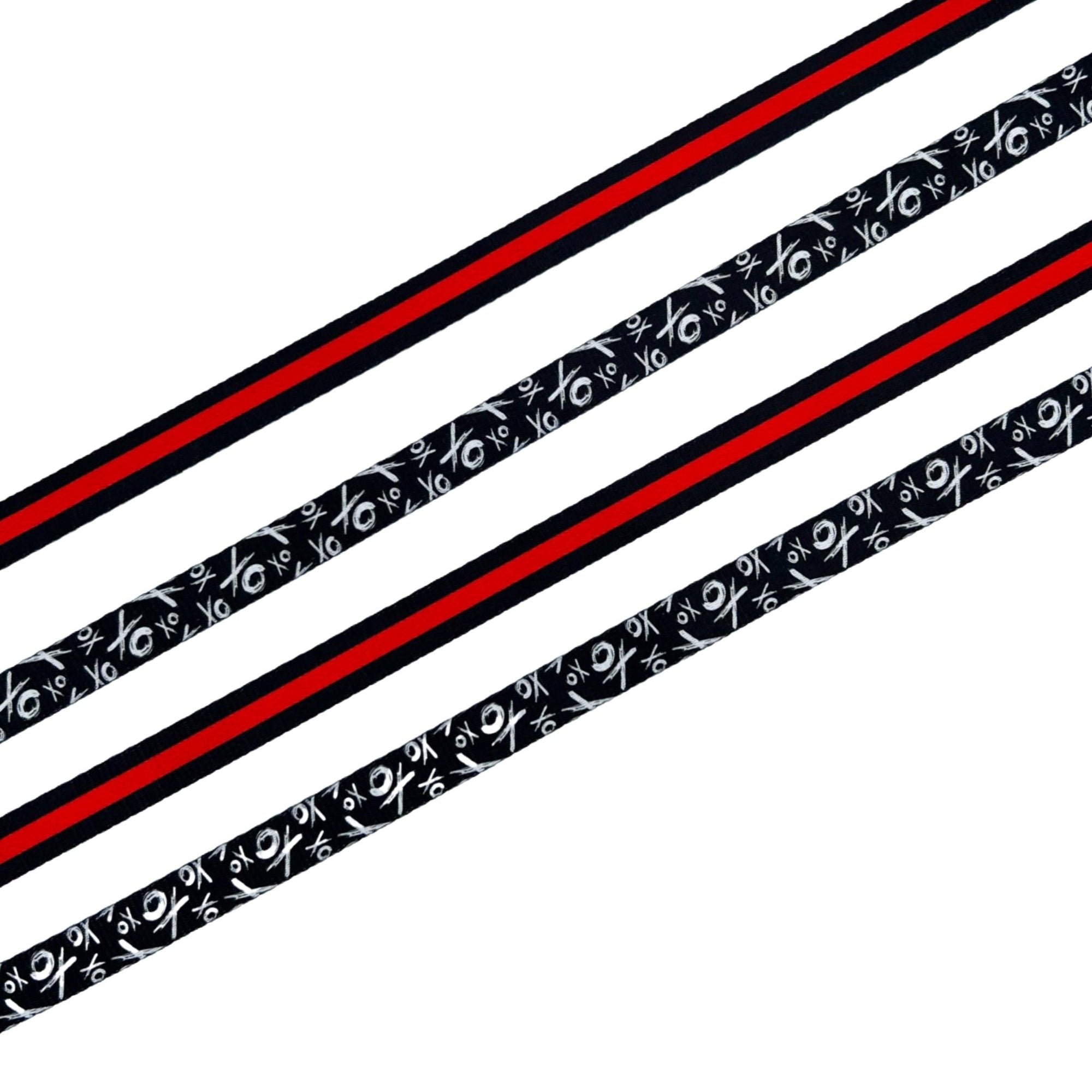 Dog Leash and Collar Set - four black with white XO&#39;s and bold red stripe nylon dog leashes - with product feature captions - against solid white background - Wag Trendz