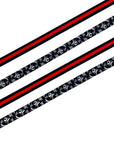 Dog Leash and Collar Set - four black with white XO's and bold red stripe nylon dog leashes - with product feature captions - against solid white background - Wag Trendz