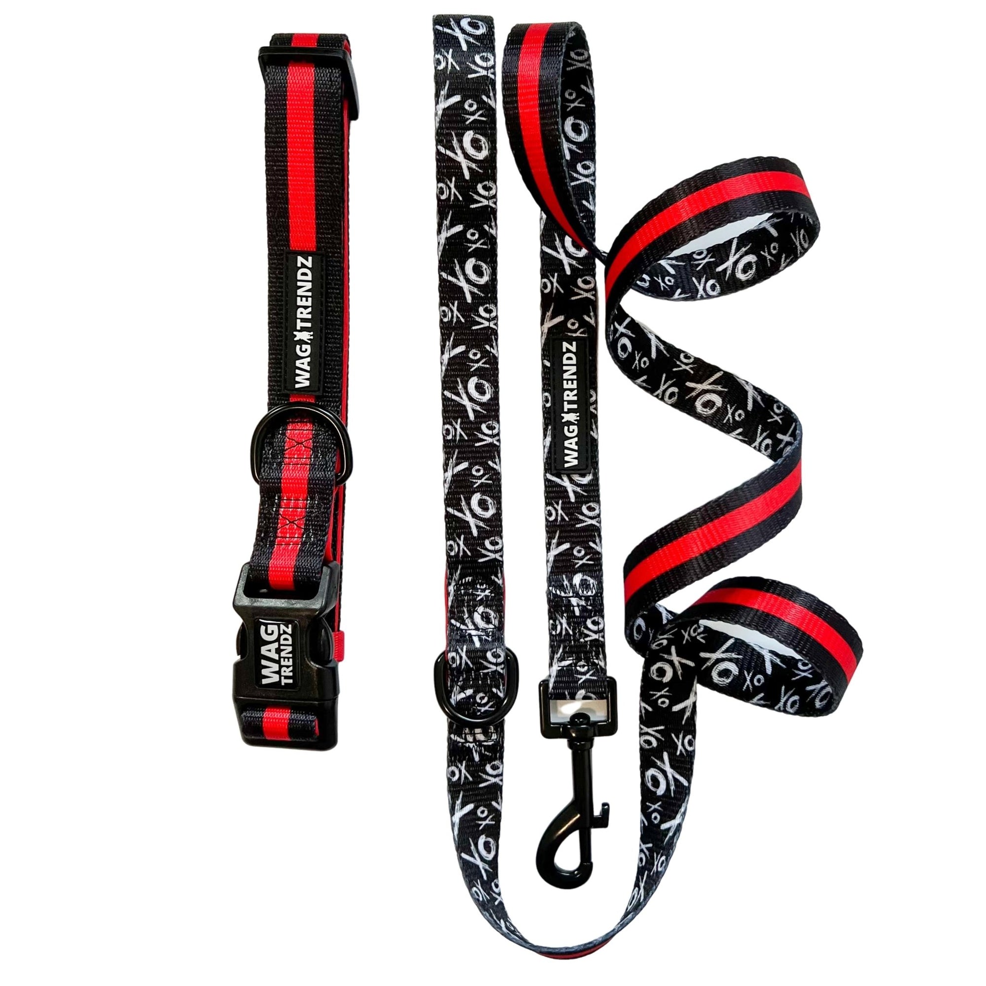 Dog Leash and Collar Set - black with white XO&#39;s and bold red stripe on dog collar and matching leash - against solid white background - Wag Trendz