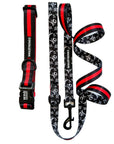 Dog Leash and Collar Set - black with white XO's and bold red stripe on dog collar and matching leash - against solid white background - Wag Trendz