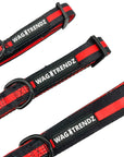 Dog Leash and Collar Set - black nylon dog collars with bold red stripe in Small, Medium and Large - against solid white background - Wag Trendz