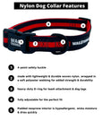 Dog Leash and Collar Set - black nylon dog collars with bold red stripe - with product feature captions - against solid white background - Wag Trendz