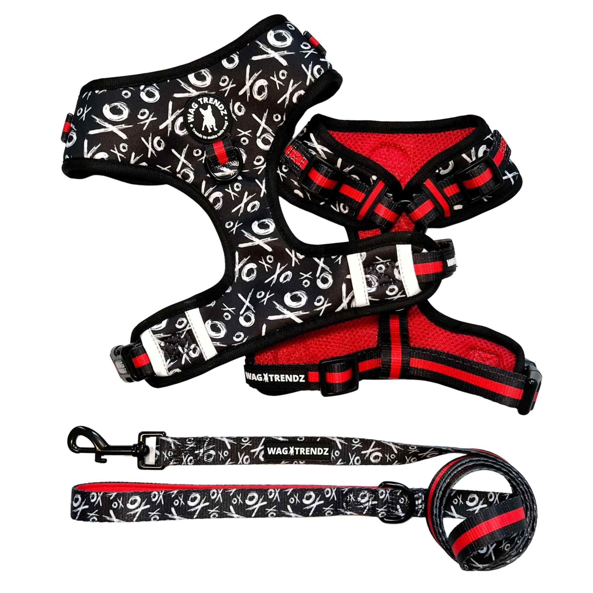 Dog Leash and Harness Set - Dog  Harness Vest in black with white XOs and red accents - matching dog leash - against solid white background - Wag Trendz