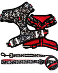 Dog Leash and Harness Set - Dog  Harness Vest in black with white XOs and red accents - matching dog leash - against solid white background - Wag Trendz