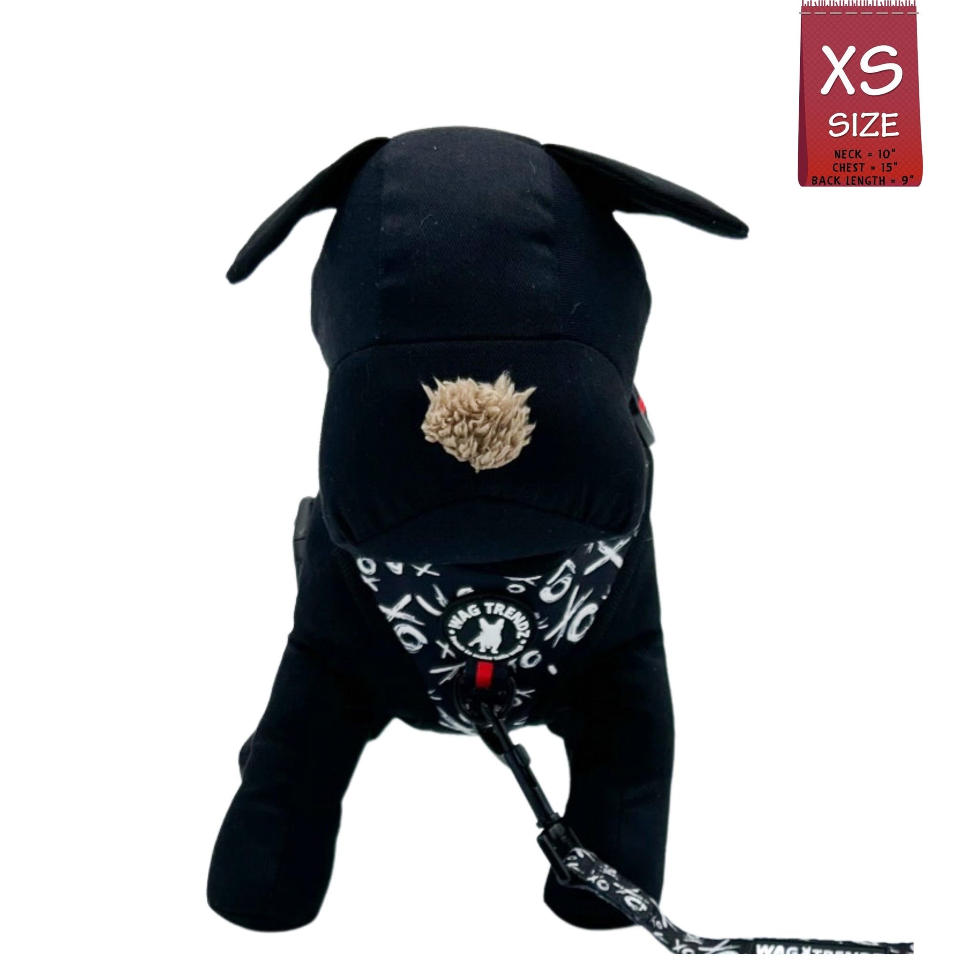 Dog Leash and Harness Set - Stuffed black dog wearing XS Dog Harness Vest with black and white XO&#39;s with bold red accents - matching leash attached - against solid white background - Wag Trendz