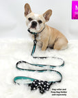 Nylon Dog Leash - French Bulldog wearing black with white paint splatter and teal accents harness with matching dog leash and poop bag holder attached - against solid white background - Wag Trendz