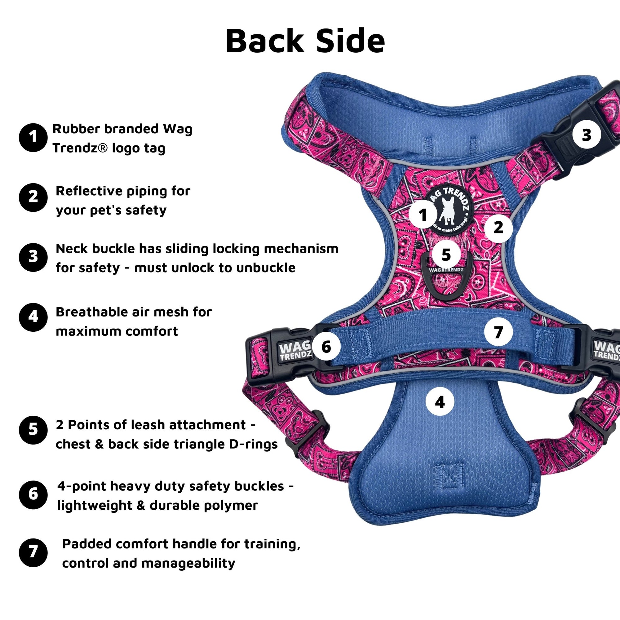 No Pull Dog Harness - with Handle - Bandana Boujee No Pull Dog Harness in Hot Pink with Denim Accents - backside view with product feature captions - against solid white background - Wag Trendz