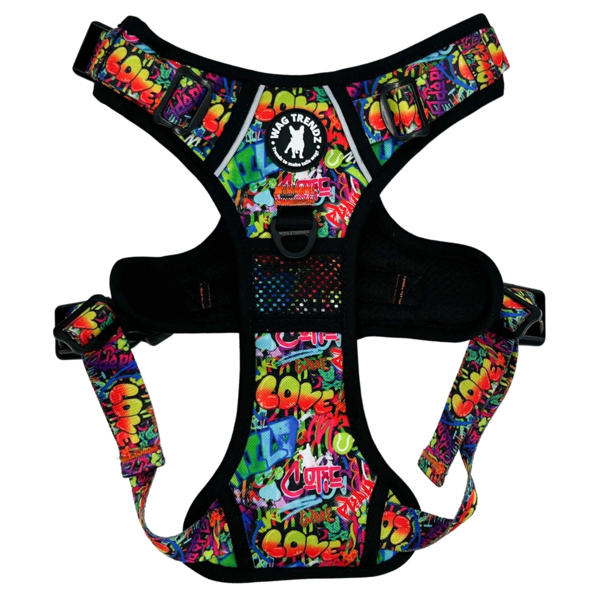 No Pull Dog Harness - with handle - Multi colored Street Graffiti no pull dog harness - against solid white background - Wag Trendz