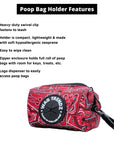 Dog Poo Bag Holder - Bandana Boujee - Red with black zipper and black rubber logo dispenser on front - with product feature captions - against a solid white background - Wag Trendz