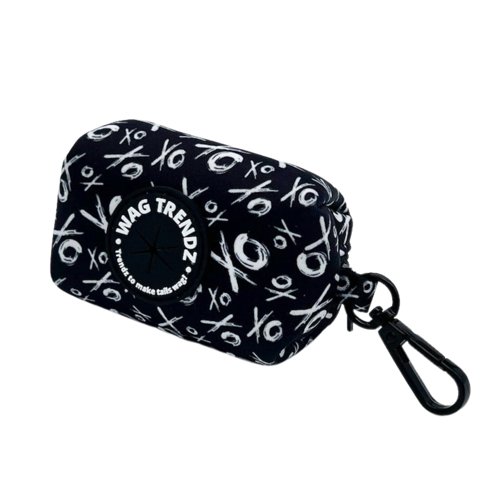 Dog Poo Bag Holder - black &amp; white XO pattern - Hugs &amp; Kisses XO- against white background -Wag Trendz