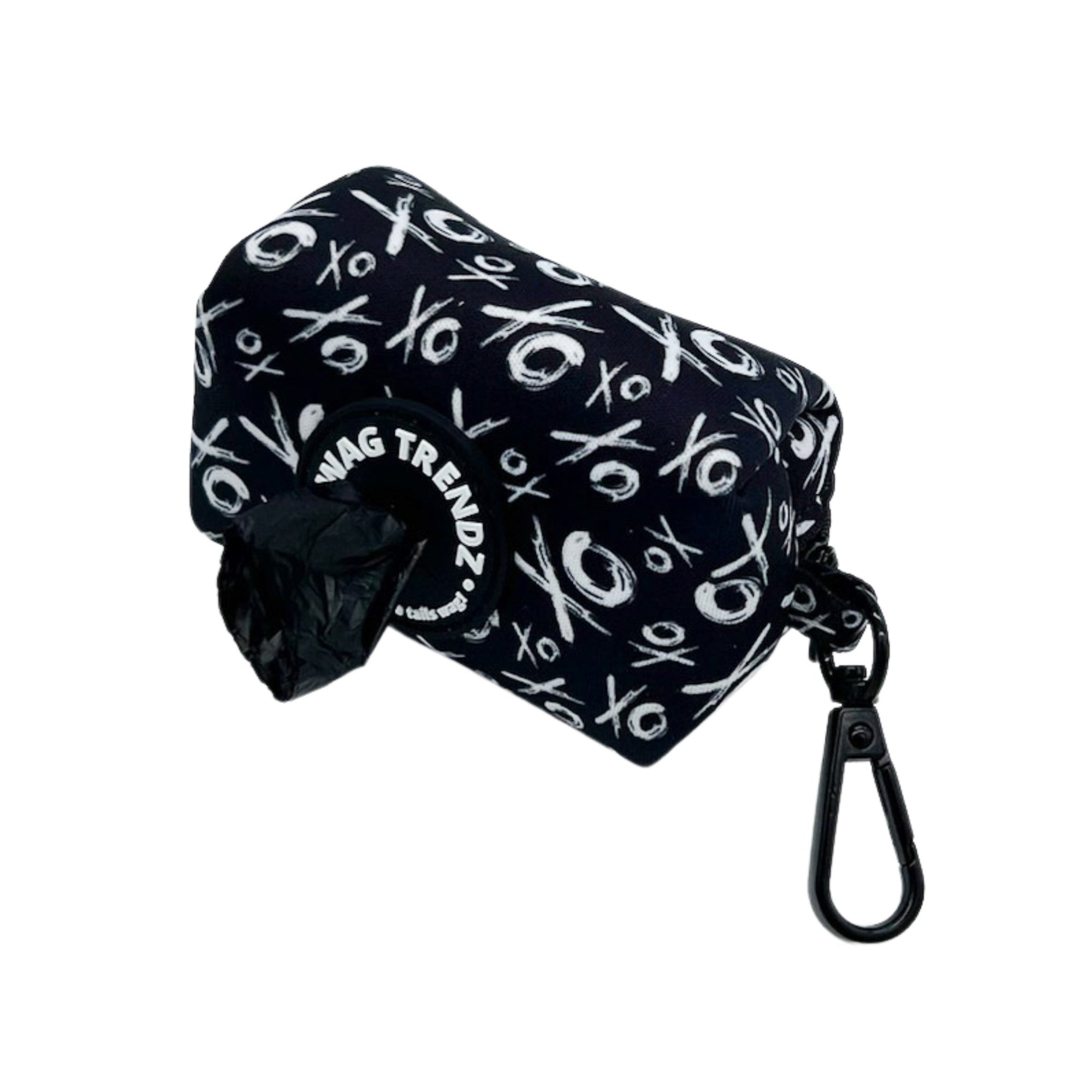 Dog Poo Bag Holder - black &amp; white XO pattern - Hugs &amp; Kisses XO - against white background - Wag Trendz