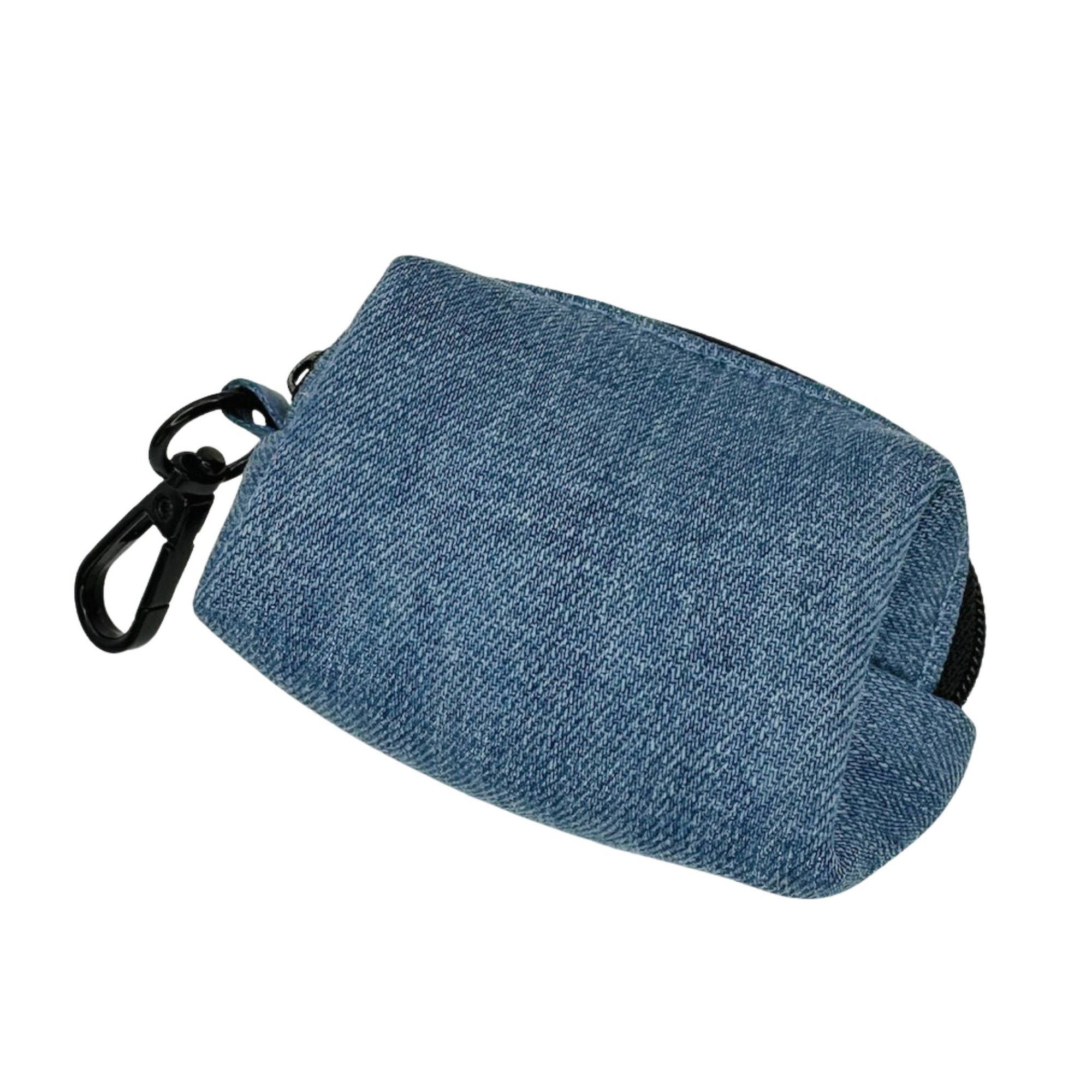 Dog Poop Bag Holder - Downtown Denim - blue jean with a black zipper back side view- against a solid white background - Wag Trendz