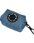 Dog Poop Bag Holder - Downtown Denim - blue jean with a black zipper and black rubber logo dispenser on front - against a solid white background - Wag Trendz