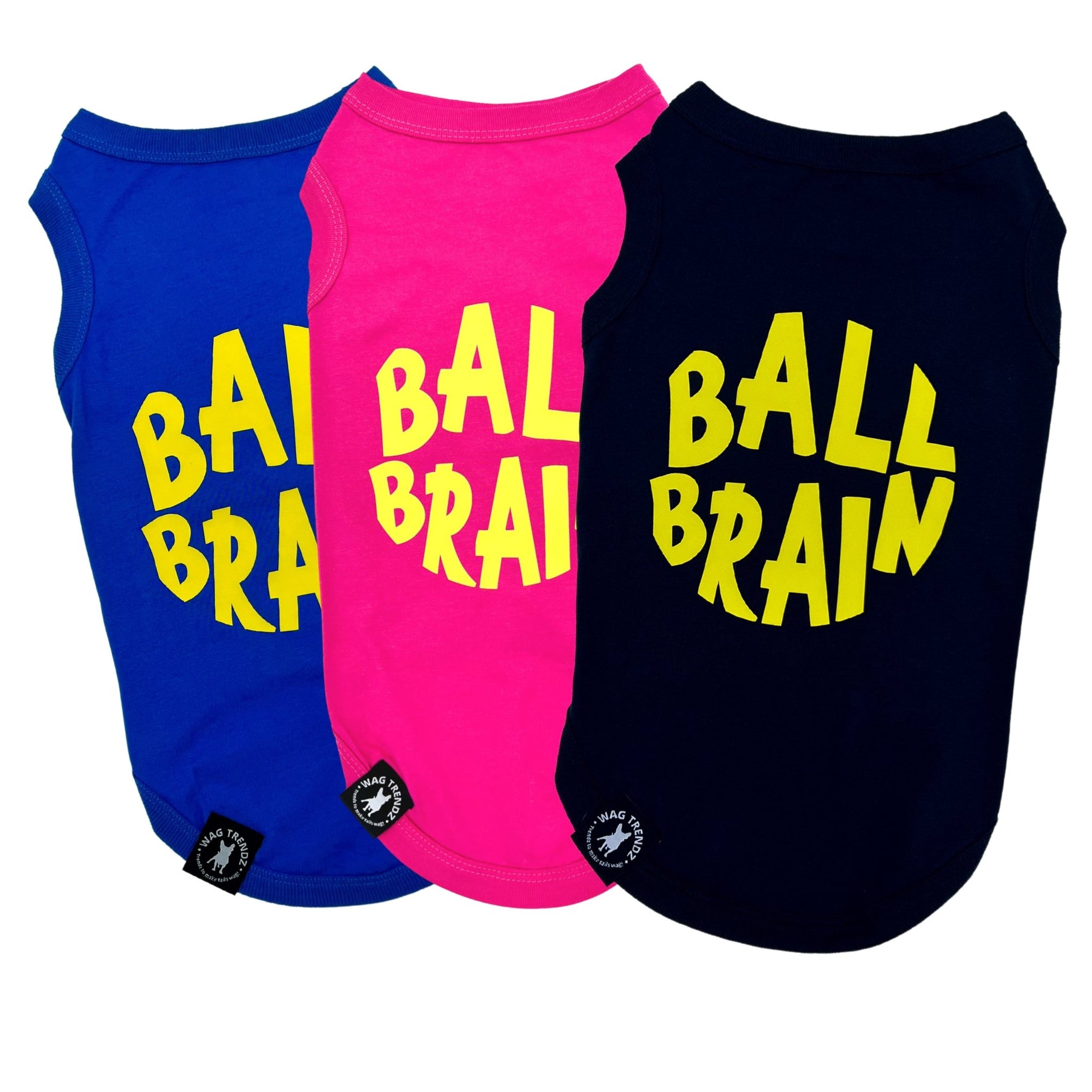 Dog T-Shirt - Ball Brain - Blue, Black &amp; Pink (backside) with bright yellow Ball Brain - against solid white background  - Wag Trendz
