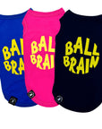 Dog T-Shirt - Ball Brain - Blue, Black & Pink (backside) with bright yellow Ball Brain - against solid white background  - Wag Trendz
