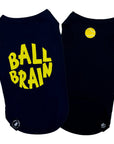 Dog T-Shirt - Ball Brain in Black - with bright yellow Ball Brain on back and yellow tennis ball emoji on front chest - against solid white background - Wag Trendz