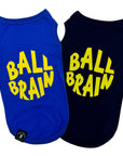 Dog T-Shirt - Ball Brain in Blue and Black - with bright yellow Ball Brain on back  - against solid white background - Wag Trendz