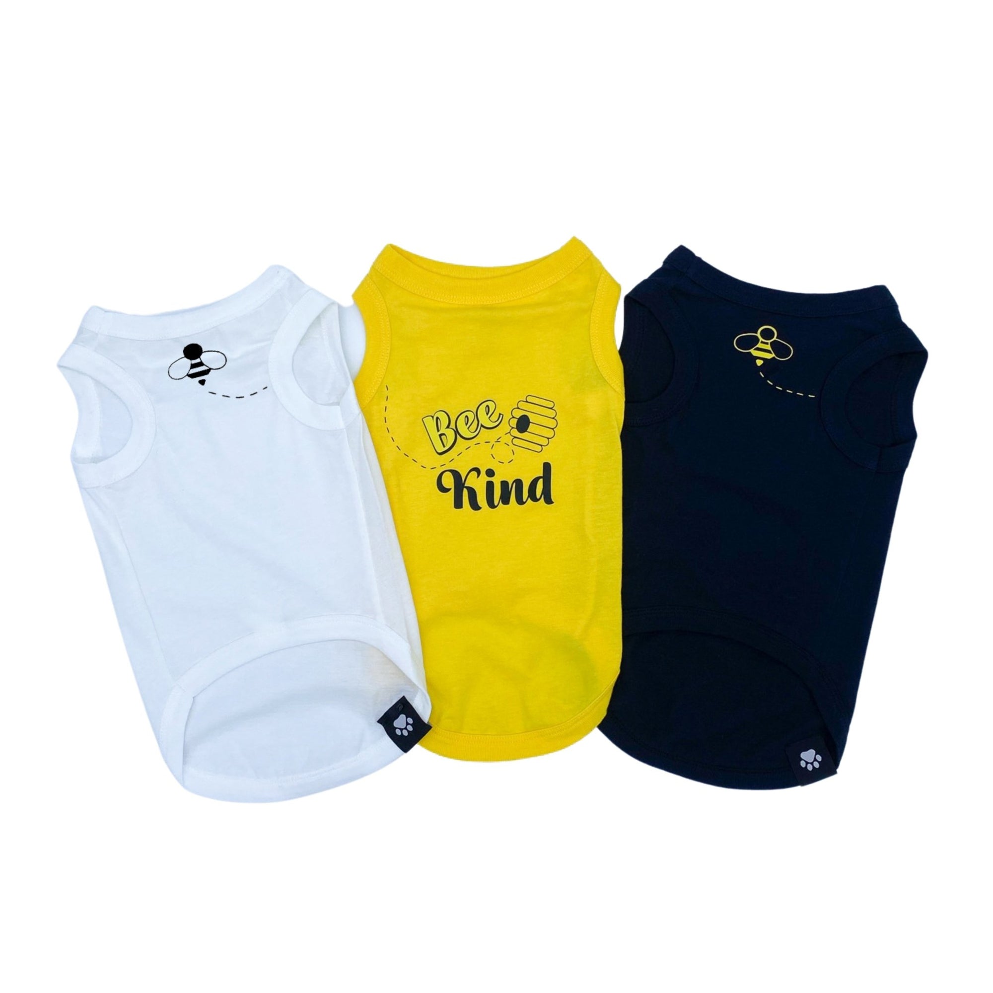 Dog T-Shirt - &quot;Bee Kind&quot; - One white, one yellow and one black with Bee Kind and bee hive on front in yellow and black lettering and swarming bee emoji on front chest - against solid white background - Wag Trendz