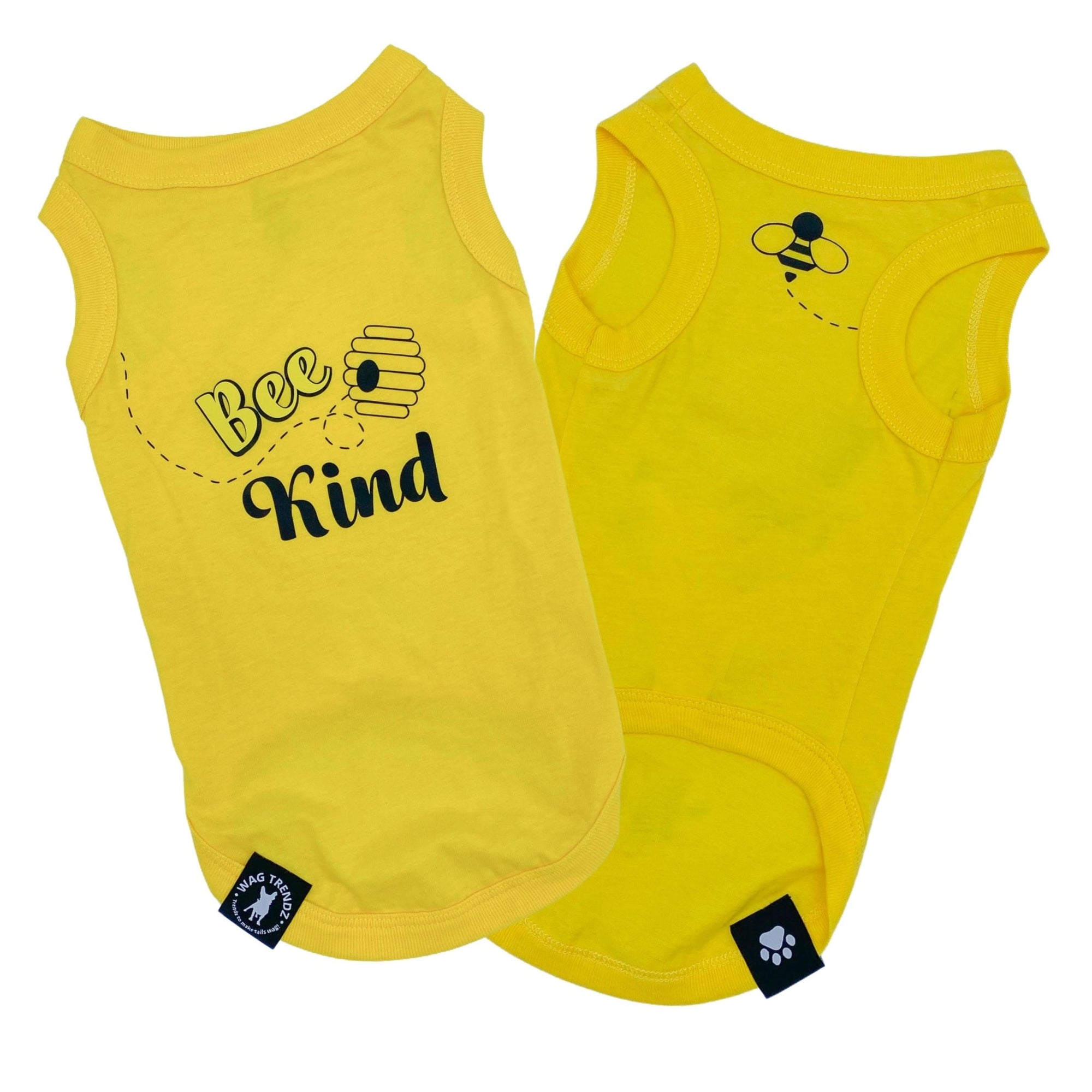 Dog T-Shirt - &quot;Bee Kind&quot; - Yellow set with back of bee hive and front chest of swarming bee emoji in black lettering - against solid white background - Wag Trendz