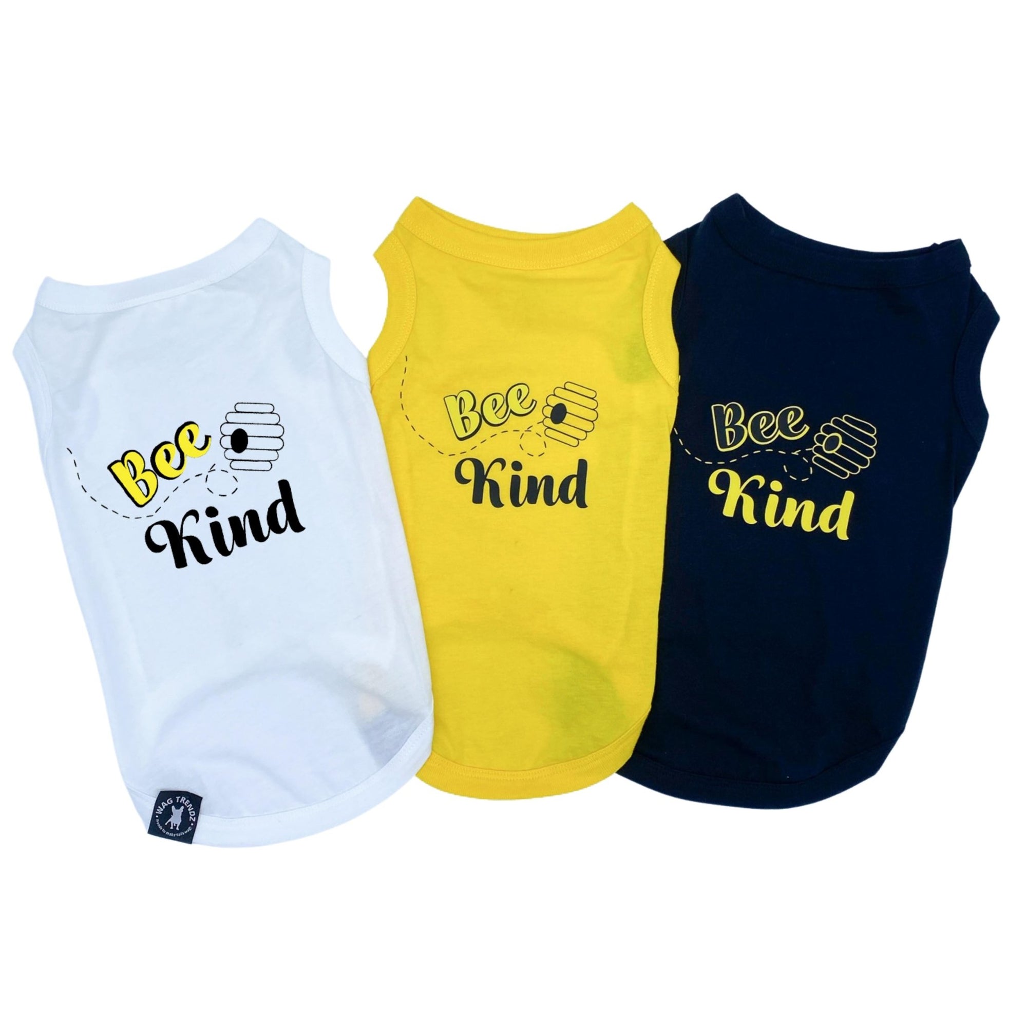 Dog T-Shirt - &quot;Bee Kind&quot; - One white, one yellow and one black with Bee Kind and bee hive on front in yellow and black lettering - against solid white background - Wag Trendz