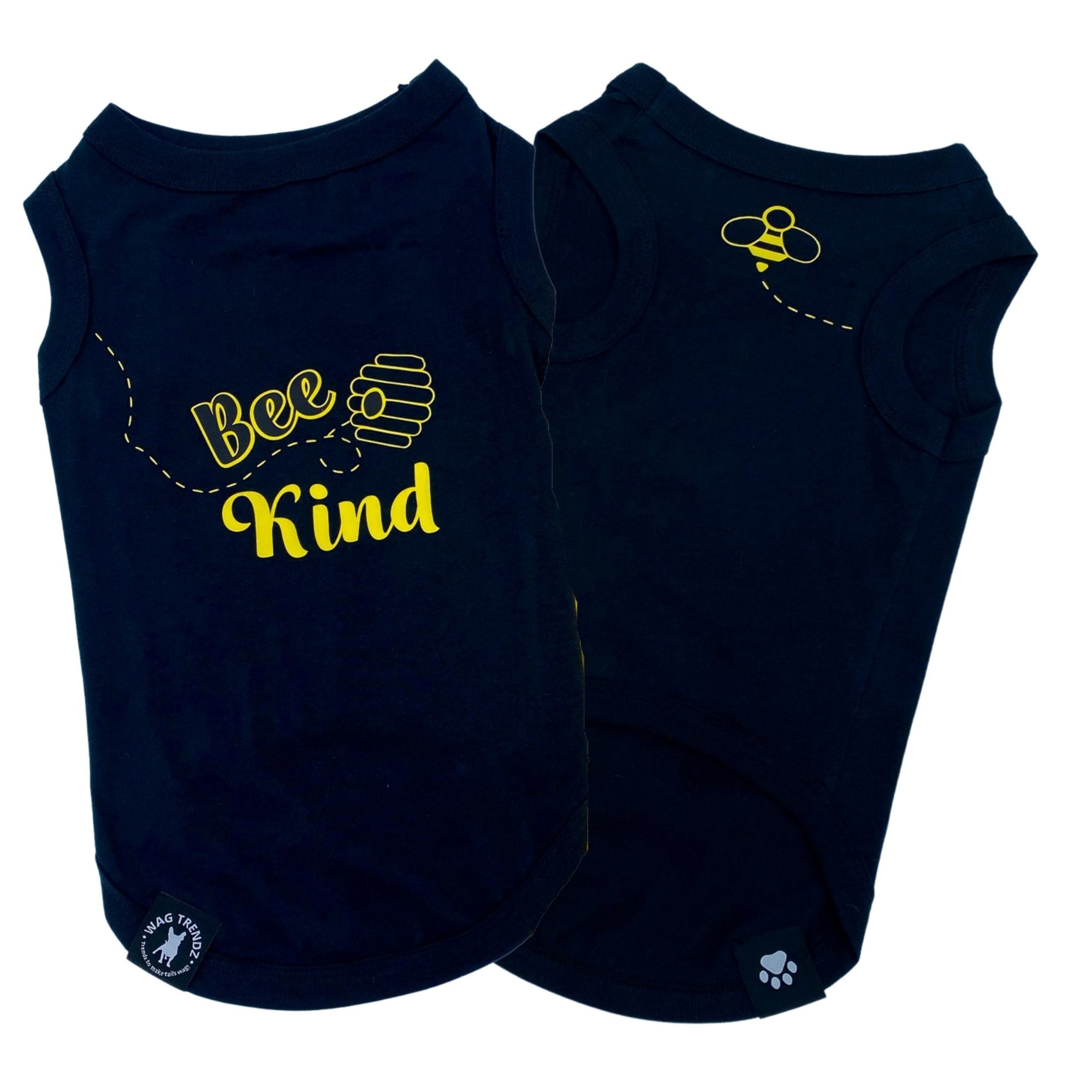 Dog T-Shirt - &quot;Bee Kind&quot; - Black set with back of bee hive and front chest of swarming bee emoji in yellow lettering - against solid white background - Wag Trendz