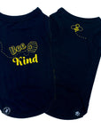 Dog T-Shirt - "Bee Kind" - Black set with back of bee hive and front chest of swarming bee emoji in yellow lettering - against solid white background - Wag Trendz