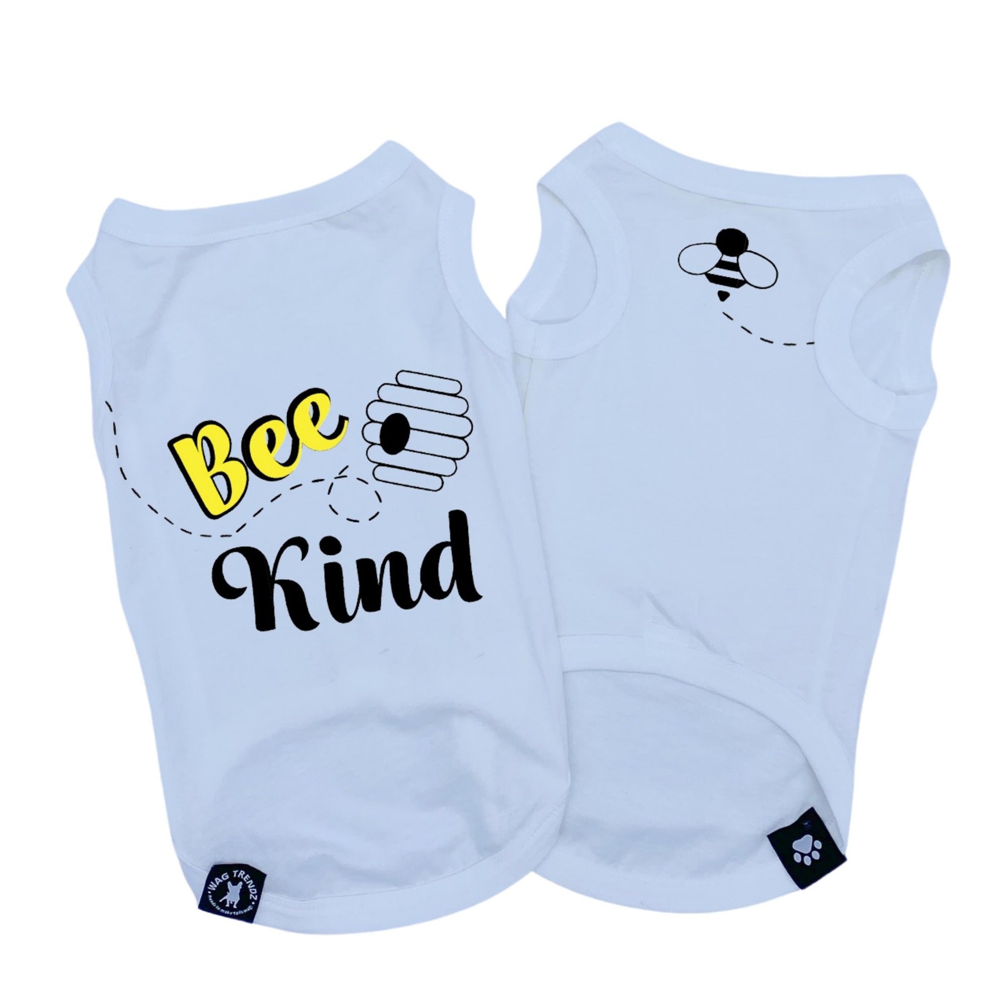 Dog T-Shirt - &quot;Bee Kind&quot; - White set with back of bee hive and front chest of swarming bee emoji in yellow and black lettering - against solid white background - Wag Trendz