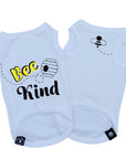 Dog T-Shirt - "Bee Kind" - White set with back of bee hive and front chest of swarming bee emoji in yellow and black lettering - against solid white background - Wag Trendz