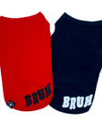 Dog T-Shirt - "Bruh" dog t-shirt in Red and Black back view with BRUH spelled in black on red t-shirt and white on black t-shirt - against solid white background - Wag Trendz