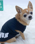 Dog T-Shirt - Chihuahua wearing "Bruh" dog t-shirt in Black - back view with BRUH spelled in white on black t-shirt - against solid white background - Wag Trendz