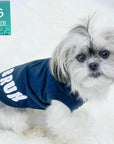 Dog T-Shirt - Shih Tzu mix wearing "Bruh" dog t-shirt in Black - back view with BRUH spelled in white on black t-shirt - against solid white background - Wag Trendz