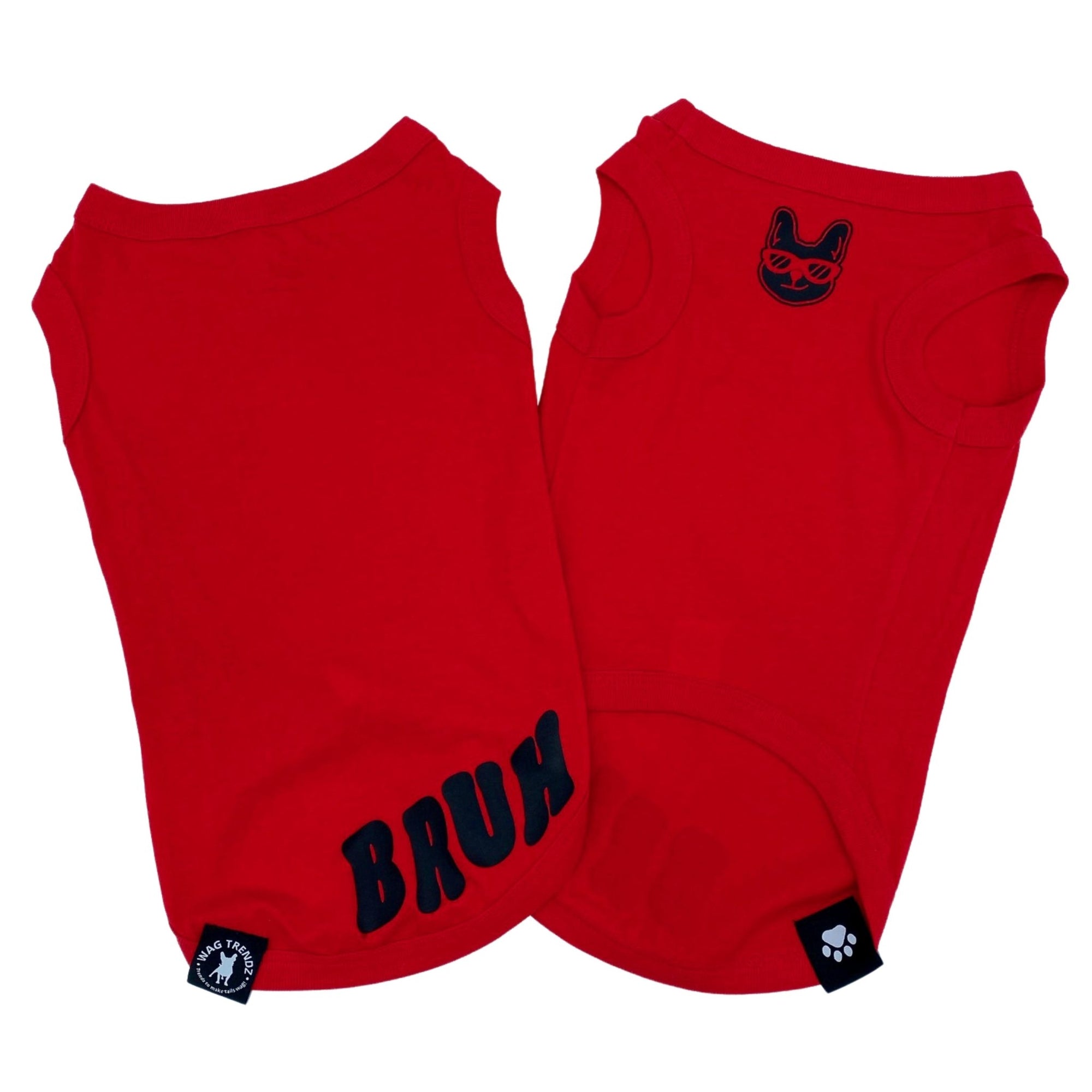 Dog T-Shirt - "Bruh" dog t-shirt in Red set - back view with BRUH spelled in black on red t-shirt and a smirk faced French Bulldog emoji on chest - against solid white background - Wag Trendz