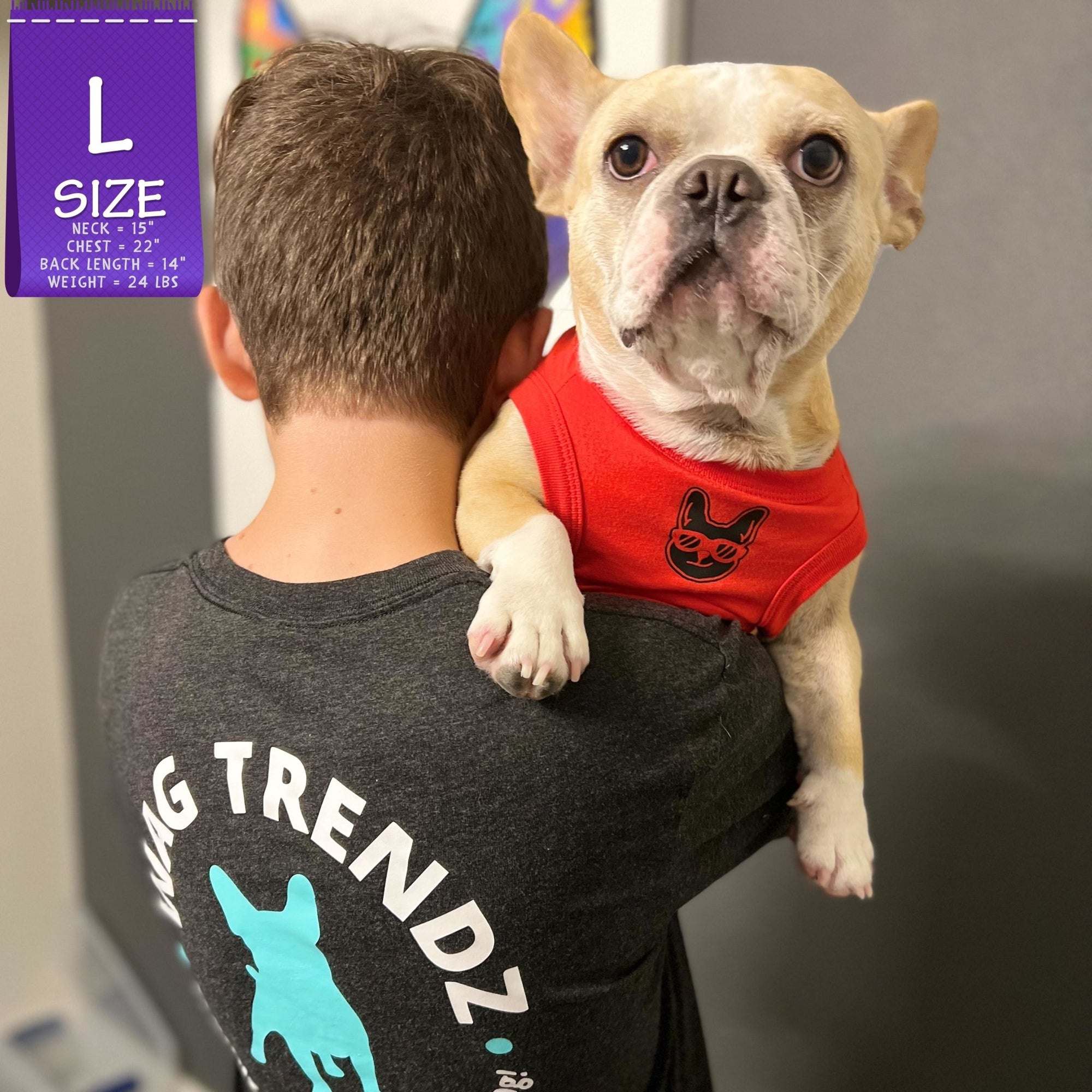 Dog T-Shirt - French Bulldog wearing &quot;Bruh&quot; dog t-shirt in Red - with a smirk faced French Bulldog emoji on chest - sitting over a human&#39;s shoulder - Wag Trendz