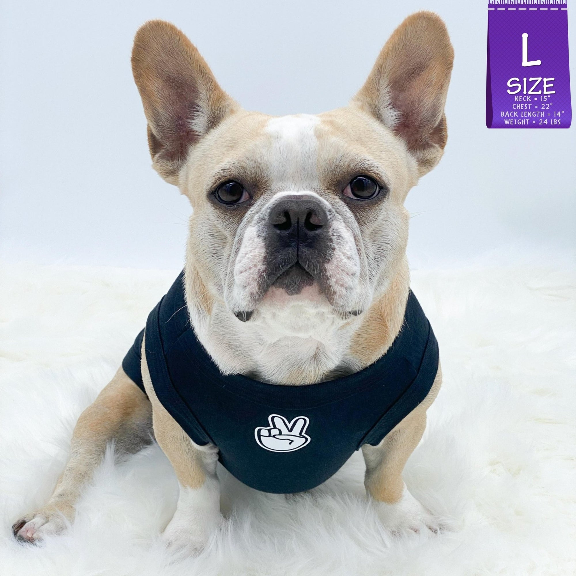 Dog T-Shirt - Frenchie Bulldog wearing &quot;Good Life&quot; dog t-shirt in black - with white finger peace sign emoji on chest - against a solid white background - Wag Trendz