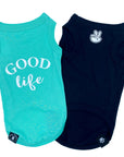 Dog T-Shirt - "Good Life" - Teal and Black - teal t-shirt has the words Good Life in white lettering on the back and black t-shirt has finger peace sign emoji on chest - against a solid white background - Wag Trendz