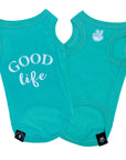 Dog T-Shirt - "Good Life" - Teal set - dog t-shirt has the words Good Life in white lettering on the back and finger peace sign emoji on chest - against a solid white background - Wag Trendz