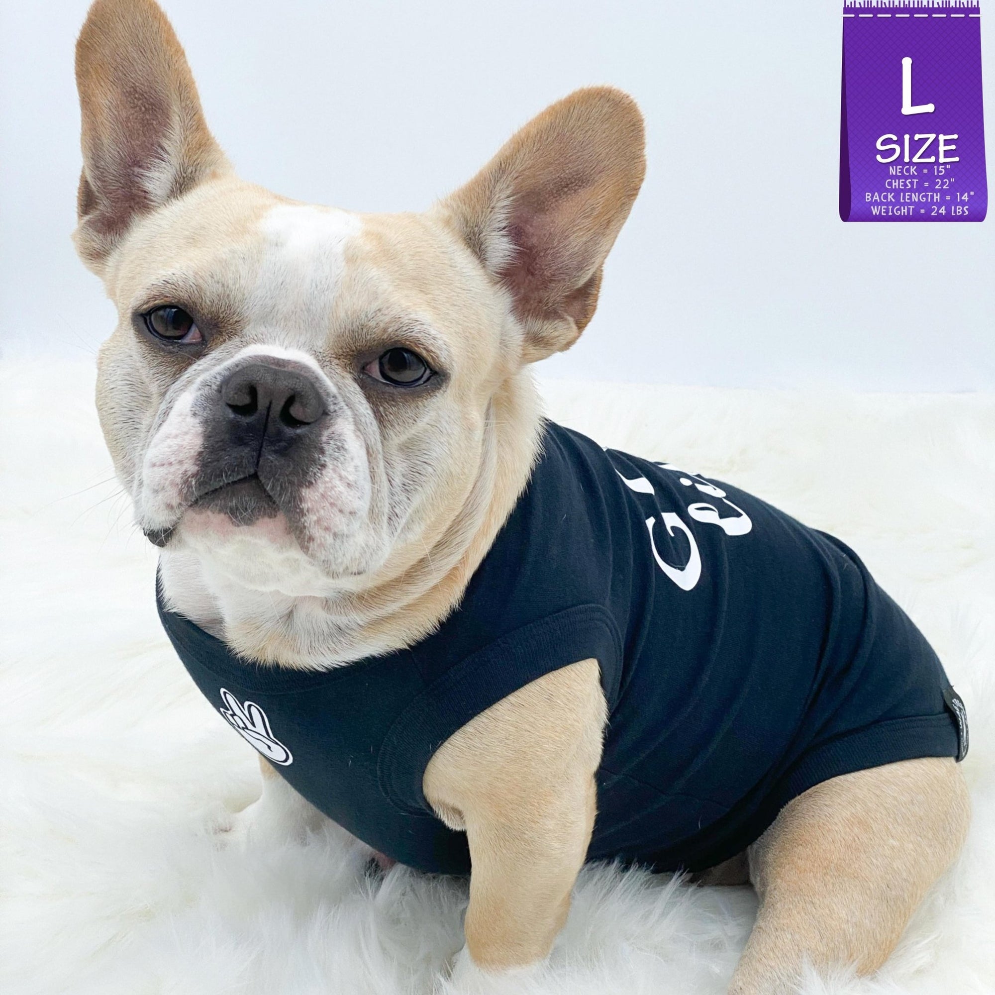 Dog T-Shirt - Frenchie Bulldog wearing &quot;Good Life&quot; dog t-shirt in black - with white finger peace sign emoji on chest and the words Good Life in white lettering on the back - against a solid white background - Wag Trendz