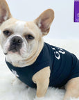 Dog T-Shirt - Frenchie Bulldog wearing "Good Life" dog t-shirt in black - with white finger peace sign emoji on chest and the words Good Life in white lettering on the back - against a solid white background - Wag Trendz
