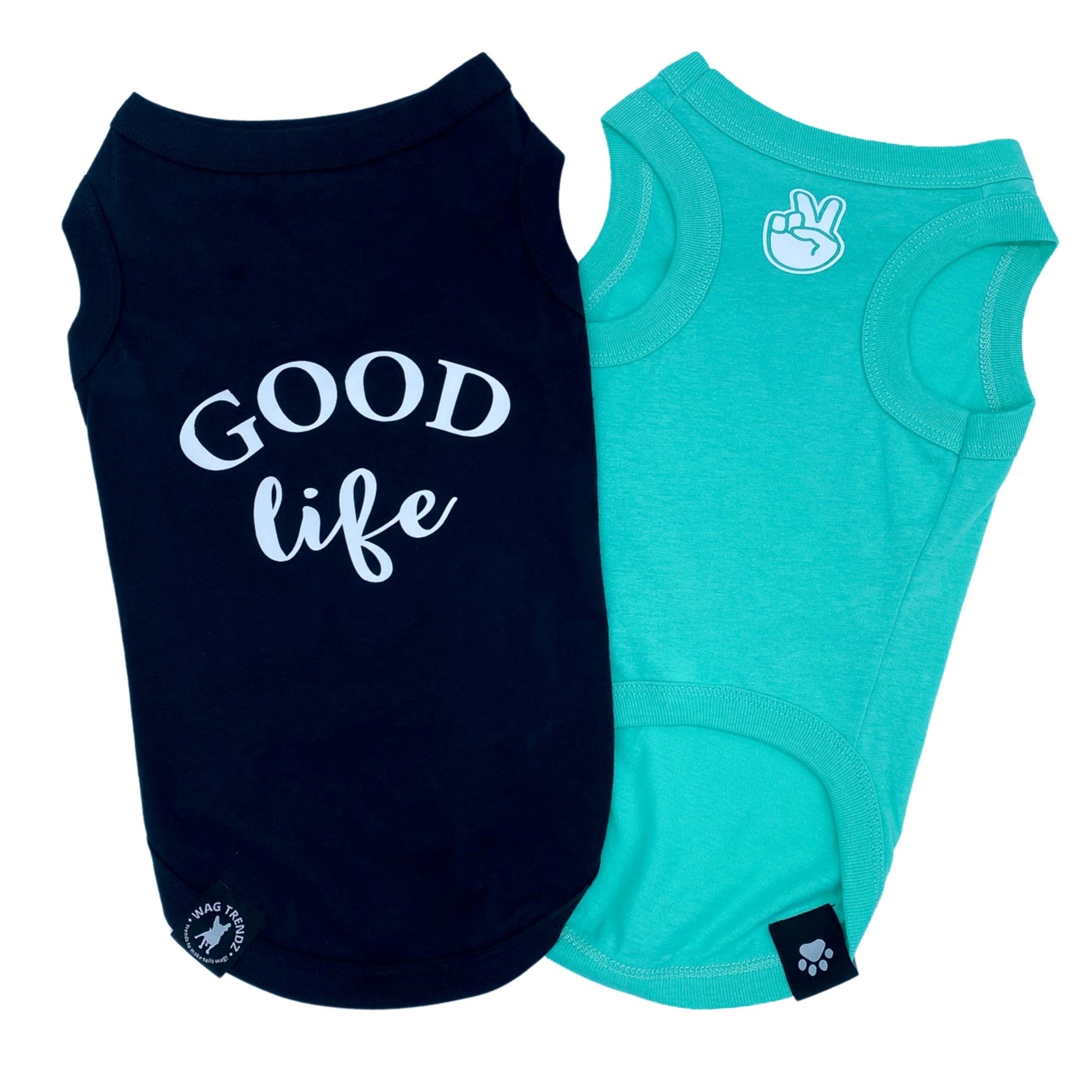 Dog T-Shirt - &quot;Good Life&quot; - Black and Teal - black t-shirt has the words Good Life in white lettering on the back and teal t-shirt has finger peace sign emoji on chest - against a solid white background - Wag Trendz