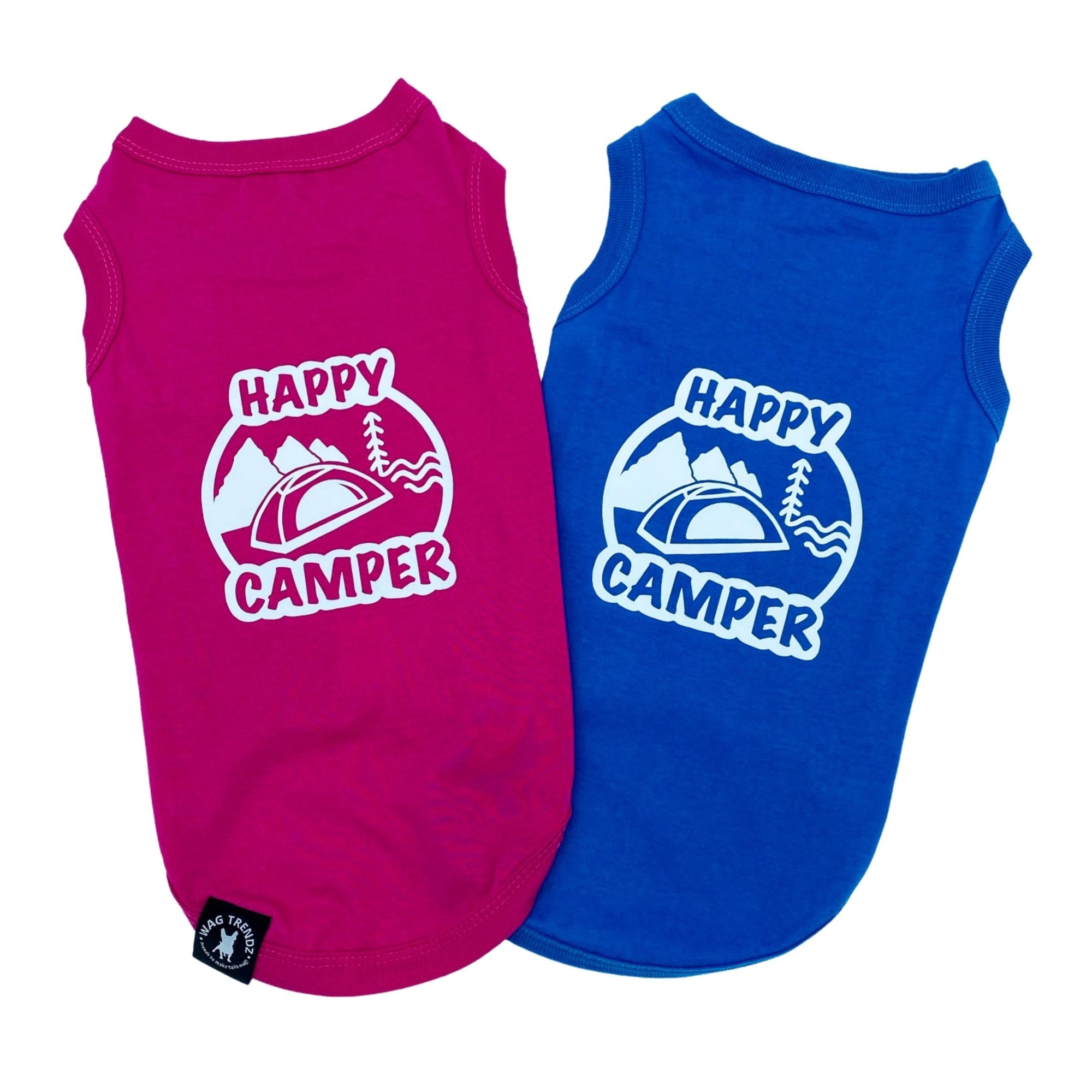 Dog T-Shirt - &quot;Happy Camper&quot; dog t-shirt - Hot Pink and Royal Blue - back view with Happy Camper and camping scene - against solid white background - Wag Trendz