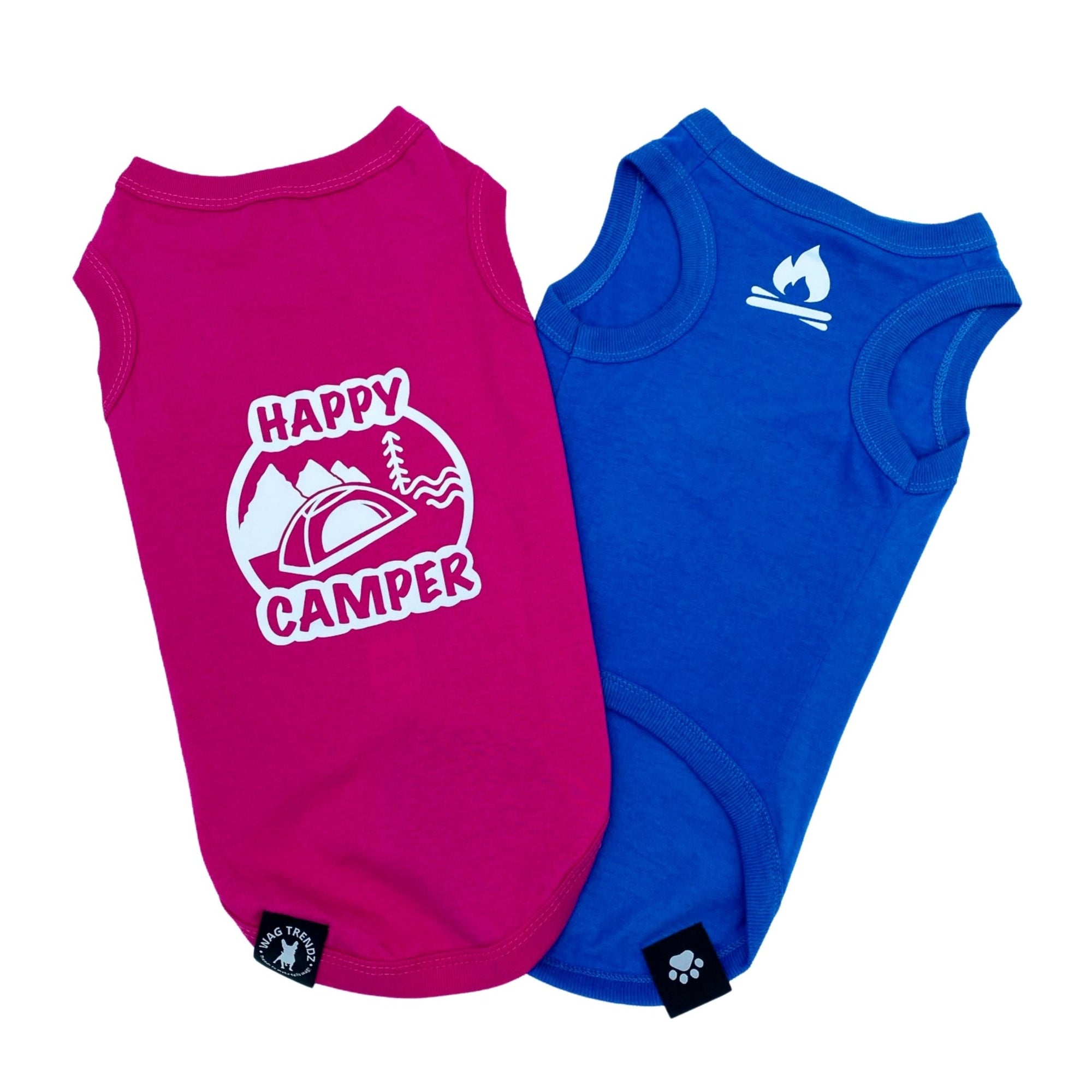Dog T-Shirt - &quot;Happy Camper&quot; dog t-shirt - Hot Pink and Royal Blue - back view with Happy Camper and camping scene while blue t-shirt is chest view with campfire emoji - against solid white background - Wag Trendz
