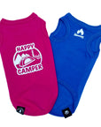 Dog T-Shirt - "Happy Camper" dog t-shirt - Hot Pink and Royal Blue - back view with Happy Camper and camping scene while blue t-shirt is chest view with campfire emoji - against solid white background - Wag Trendz