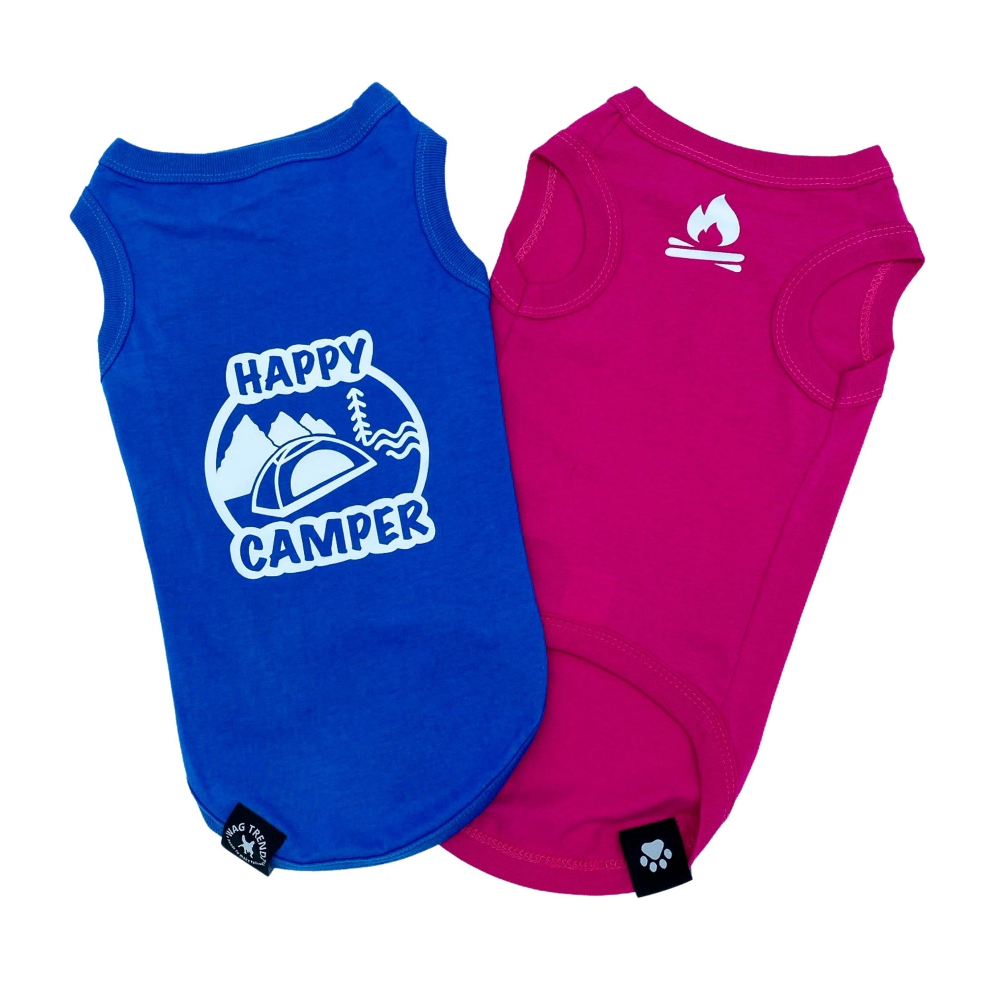 Dog T-Shirt - &quot;Happy Camper&quot; dog t-shirt - Hot Pink and Royal Blue - back view with Happy Camper and camping scene while pink t-shirt is chest view with campfire emoji - against solid white background - Wag Trendz