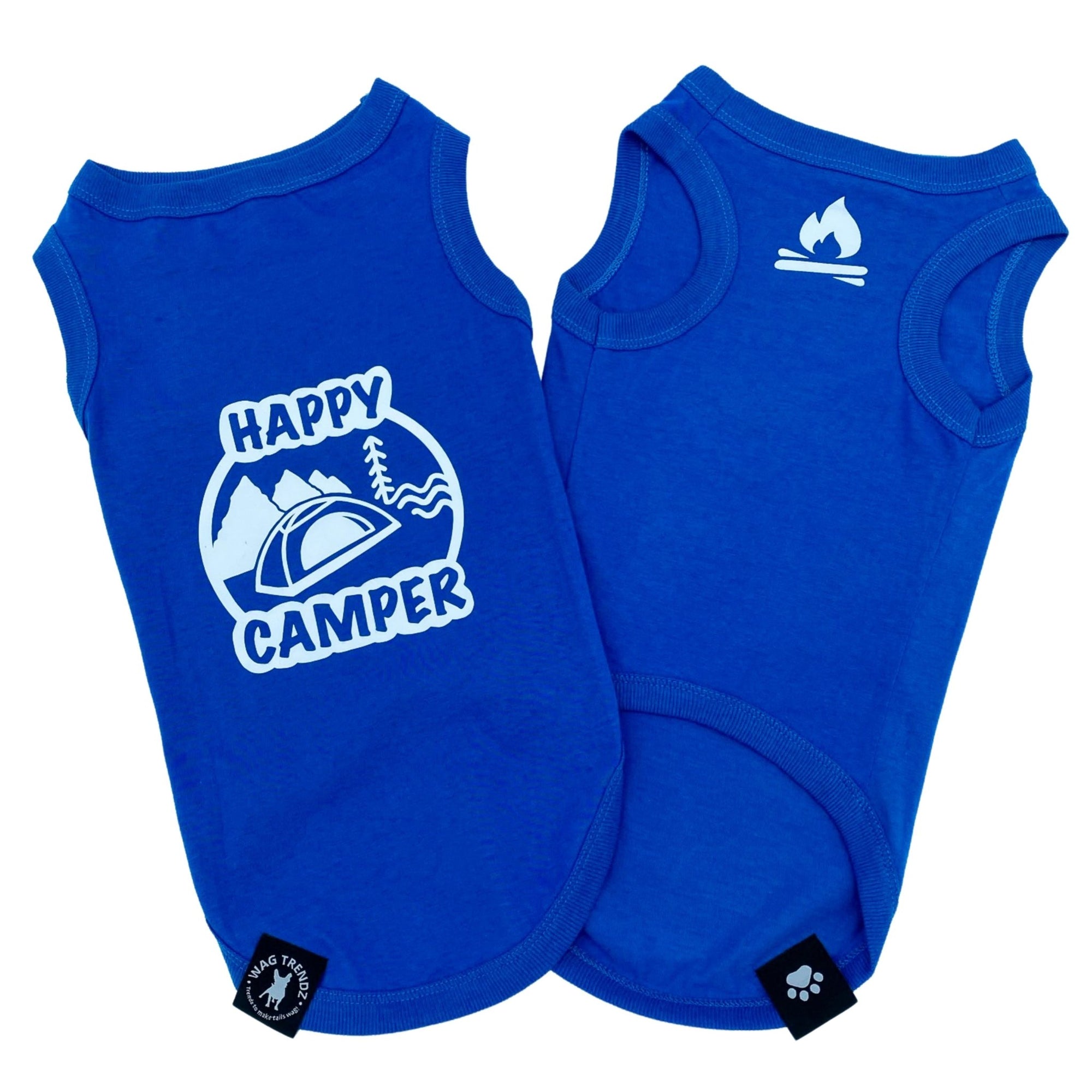 Dog T-Shirt - &quot;Happy Camper&quot; dog t-shirt - Royal Blue set - back view with Happy Camper and camping scene and chest view with campfire emoji - against solid white background - Wag Trendz