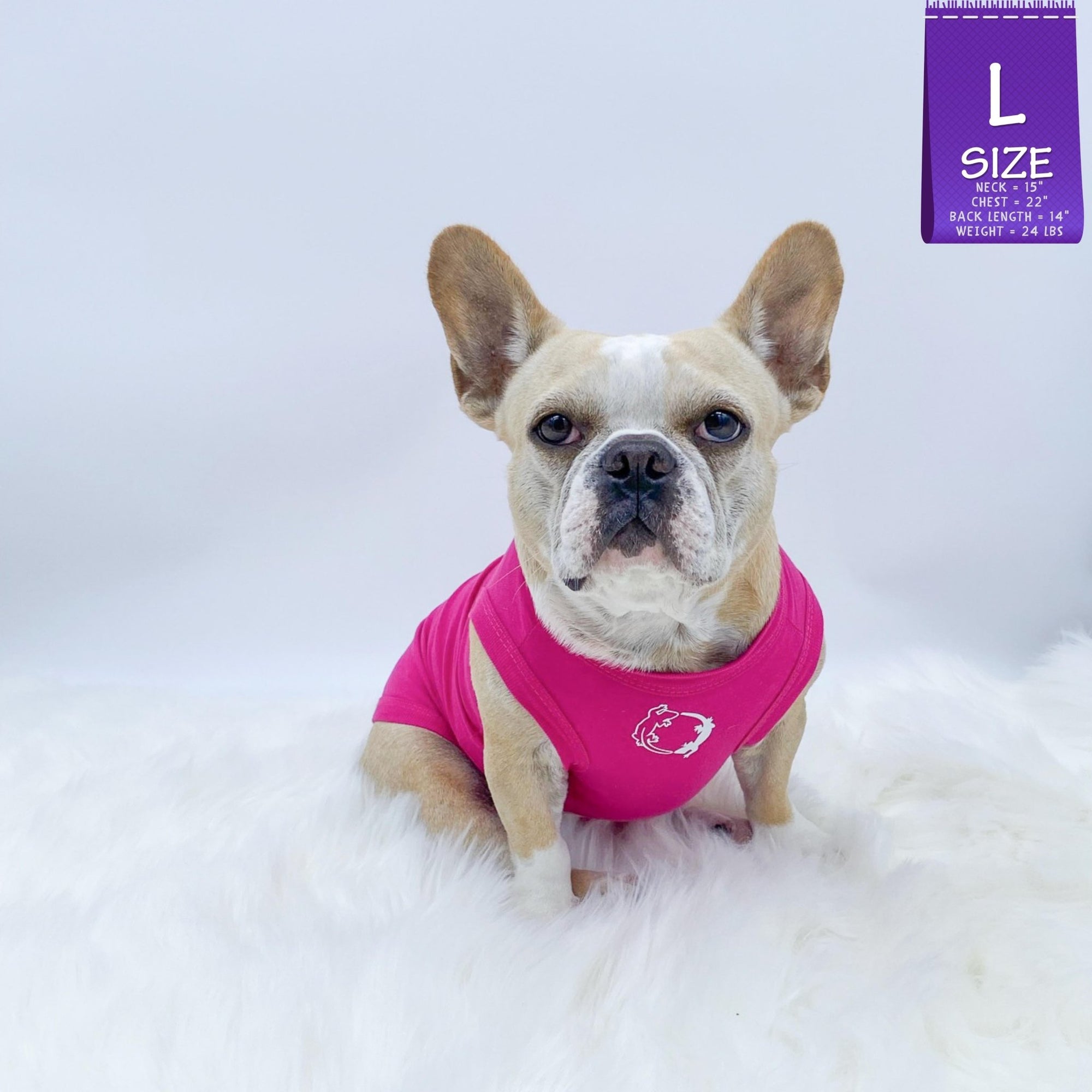 Dog T-Shirt - French Bulldog wearing &quot;Lizard Hunter&quot; dog t-shirt in hot pink - chest view with two Lizards making a circle emoji in white - against solid white background - Wag Trendz
