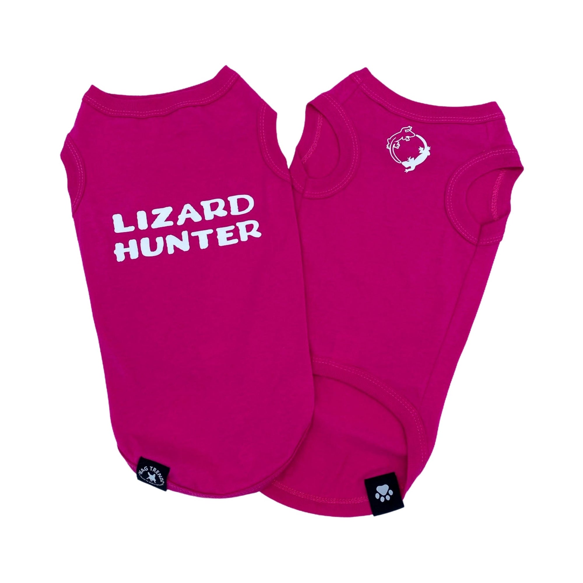 Dog T-Shirt - &quot;Lizard Hunter&quot; - Hot Pink dog t-shirts - back view with Lizard Hunter lettering in white and chest view with lizards making a circle emoji - against solid white background - Wag Trendz
