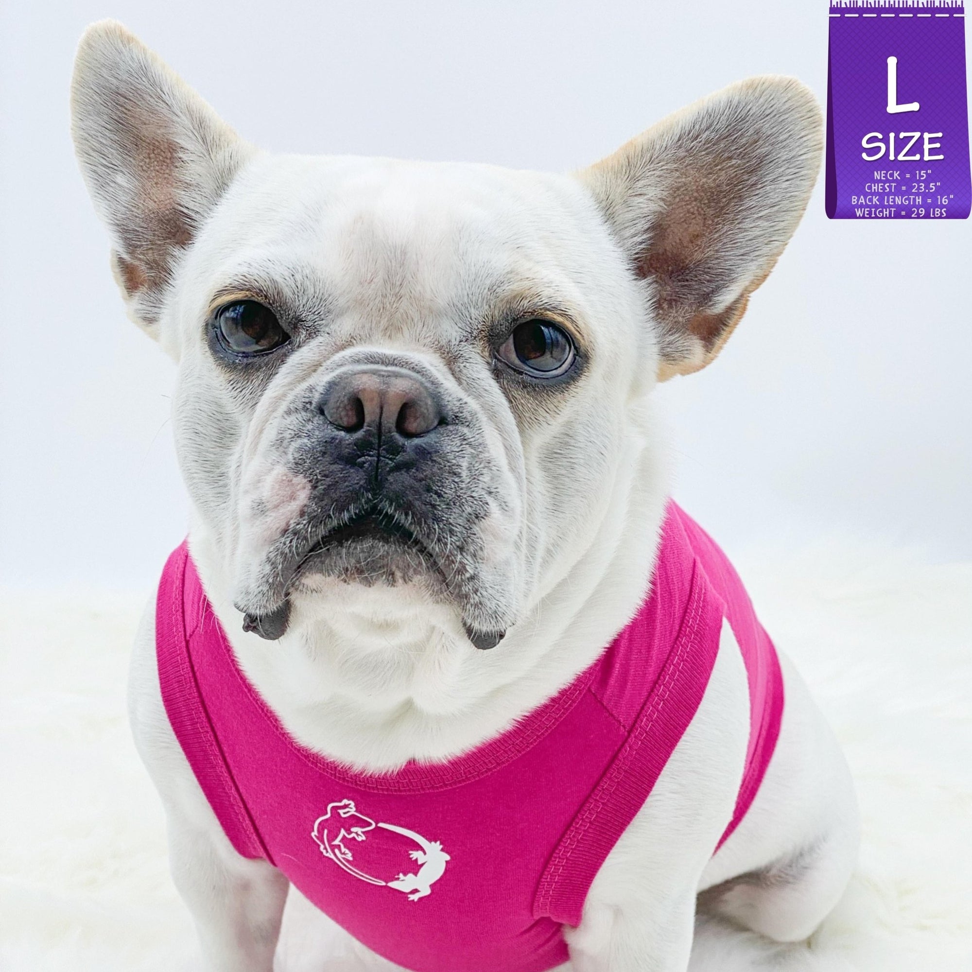 Dog T-Shirt - French Bulldog wearing &quot;Lizard Hunter&quot; dog t-shirt in hot pink - chest view with two Lizards making a circle emoji in white - against solid white background - Wag Trendz