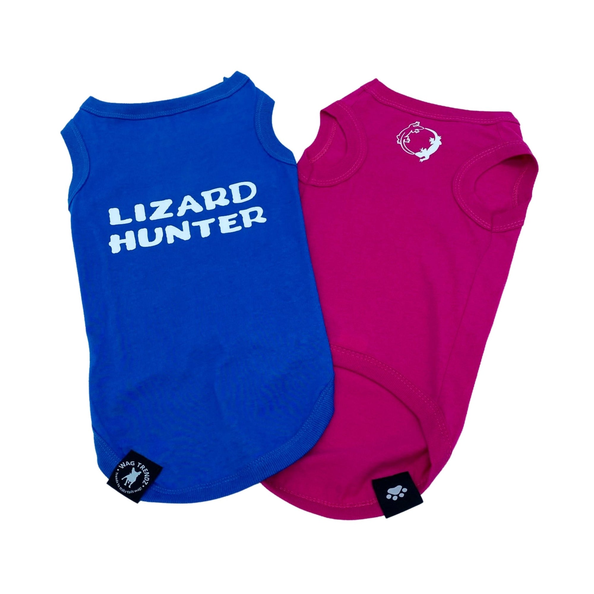Dog T-Shirt - &quot;Lizard Hunter&quot; - Royal Blue and Hot Pink dog t-shirts - back view with Lizard Hunter lettering in white and chest view with lizards making a circle emoji - against solid white background - Wag Trendz
