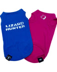 Dog T-Shirt - "Lizard Hunter" - Royal Blue and Hot Pink dog t-shirts - back view with Lizard Hunter lettering in white and chest view with lizards making a circle emoji - against solid white background - Wag Trendz