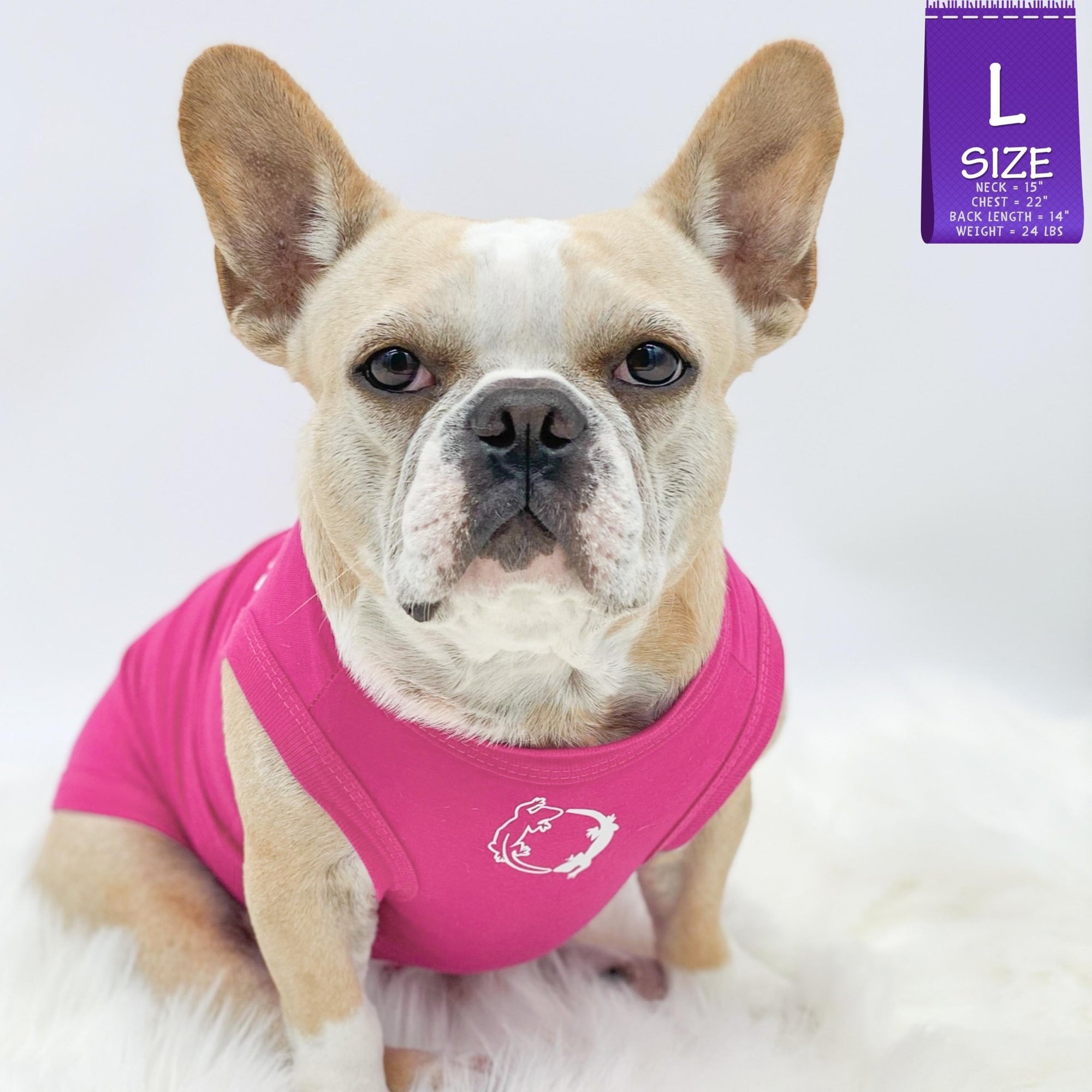 Dog T-Shirt - French Bulldog wearing "Lizard Hunter" dog t-shirt in hot pink - chest view with two Lizards making a circle emoji in white - against solid white background - Wag Trendz